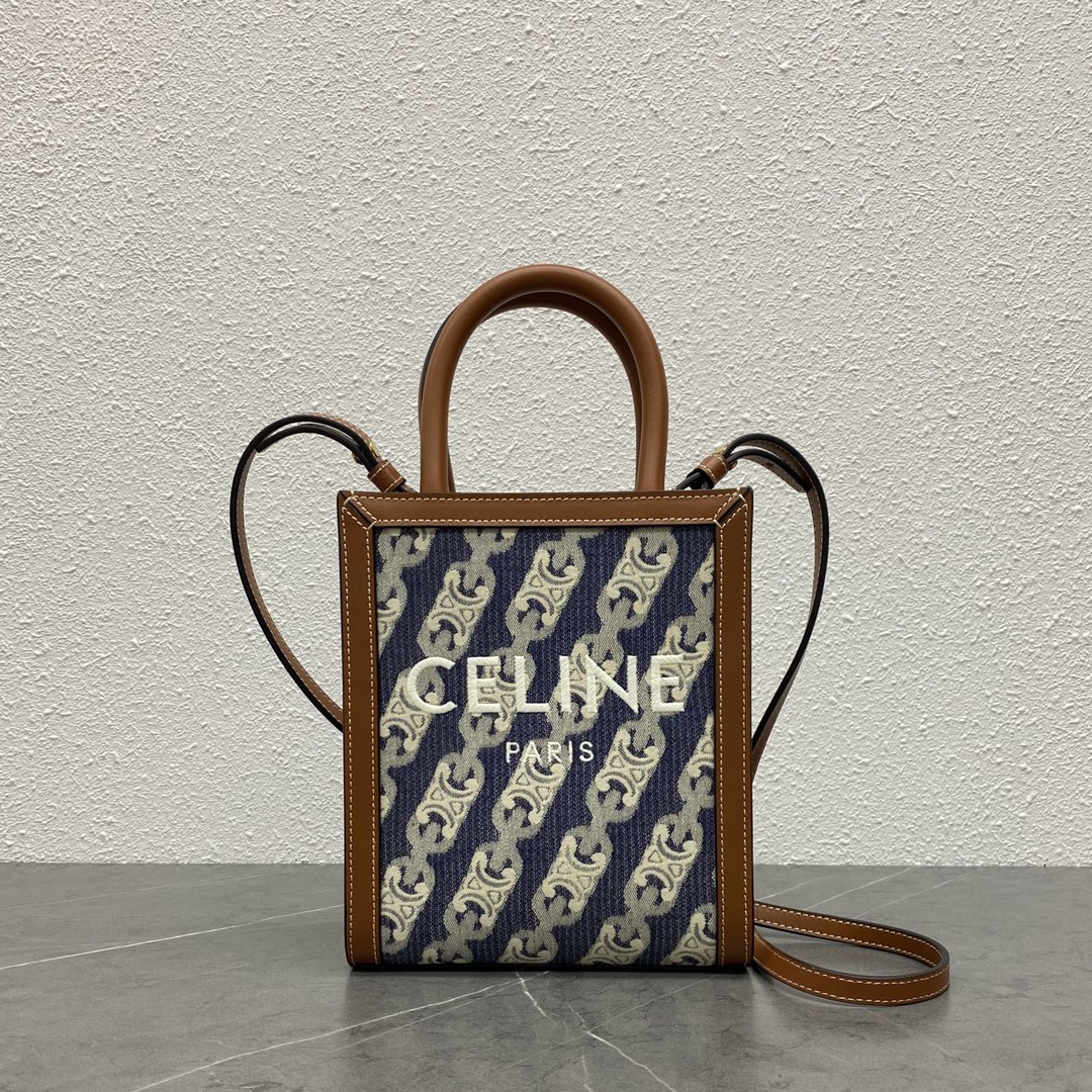 Celine Mini Vertical Cabas In Triomphe Canvas Print And Calfskin With Celine Print Blue/Tan 193302